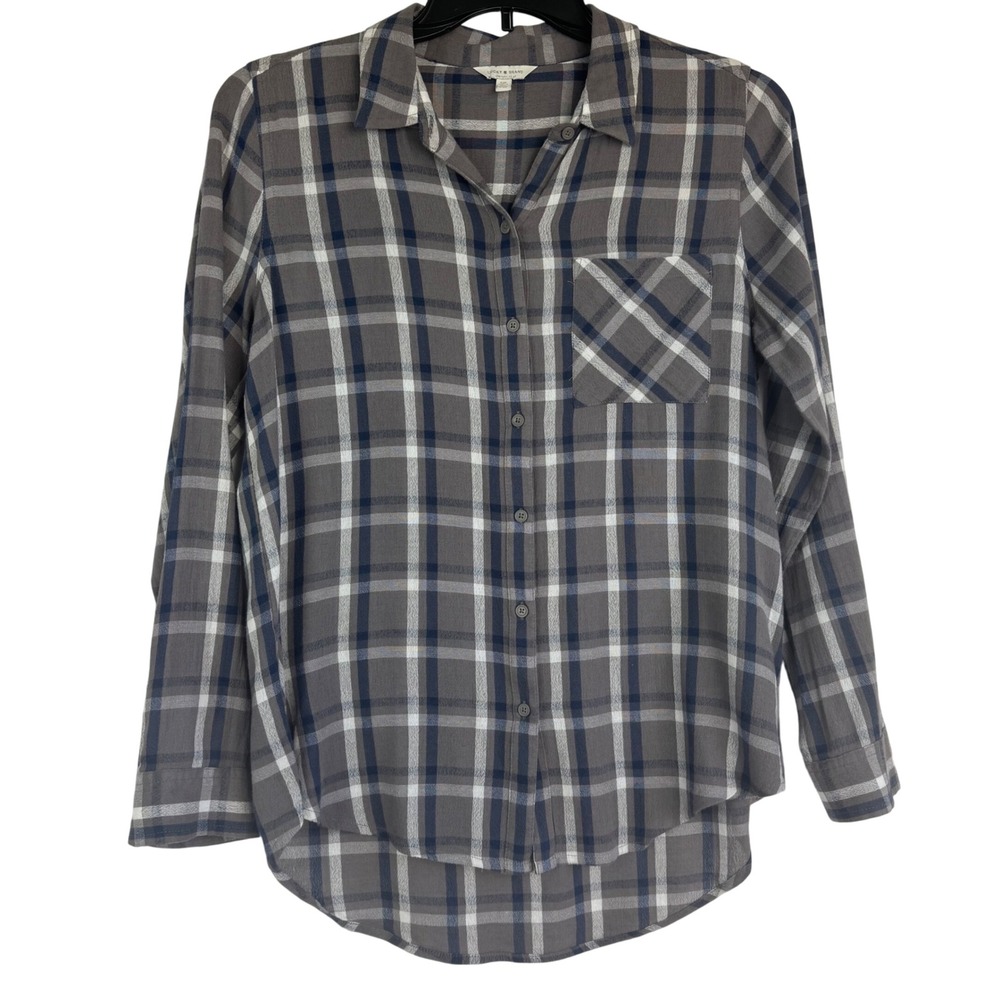 Lucky‎ Brand Women's Gray Blue White Plaid Button Down Shirt Size S/P